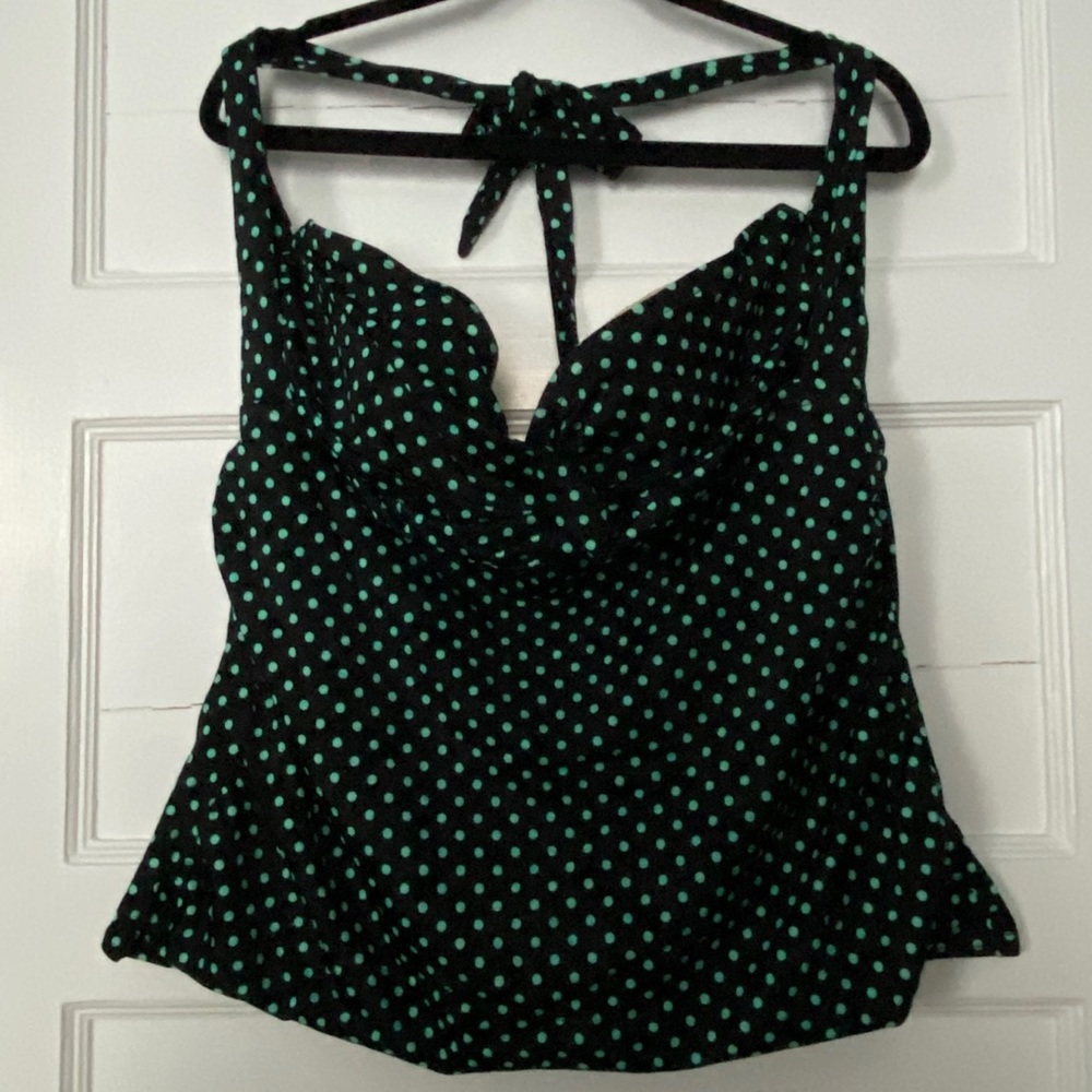 Black halter swim top with mint green polka dots